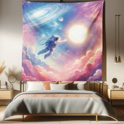 Ambesonne Space Tapestry Queen Size, Delicate Galaxy Sky Clouds Astronaut Sun Milky Way in Pastel Color Palette, Wall Hanging Bedspread Bed Cover Wall Decor, 88" X 88", Pink Blue and Lilac