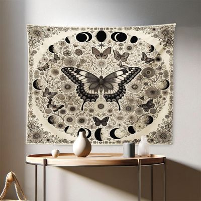 Ambesonne Boho Tapestry, Jumble Nostalgia Medieval Witchy Butterfly Moon Pattern Floral Ornament, Fabric Wall Hanging Decor for Bedroom Living Room Dorm, 28" X 23", Eggshell Dark Taupe Sepia