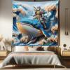 Ambesonne Funny Tapestry Queen Size, Noble Warrior Cat Posing on a Whale with Foaming Huge Waves Illustration, Wall Hanging Bedspread Bed Cover Wall Decor, 88" X 88", Night Blue Peach Orange view 1