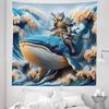 Ambesonne Funny Tapestry Queen Size, Noble Warrior Cat Posing on a Whale with Foaming Huge Waves Illustration, Wall Hanging Bedspread Bed Cover Wall Decor, 88" X 88", Night Blue Peach Orange view 2