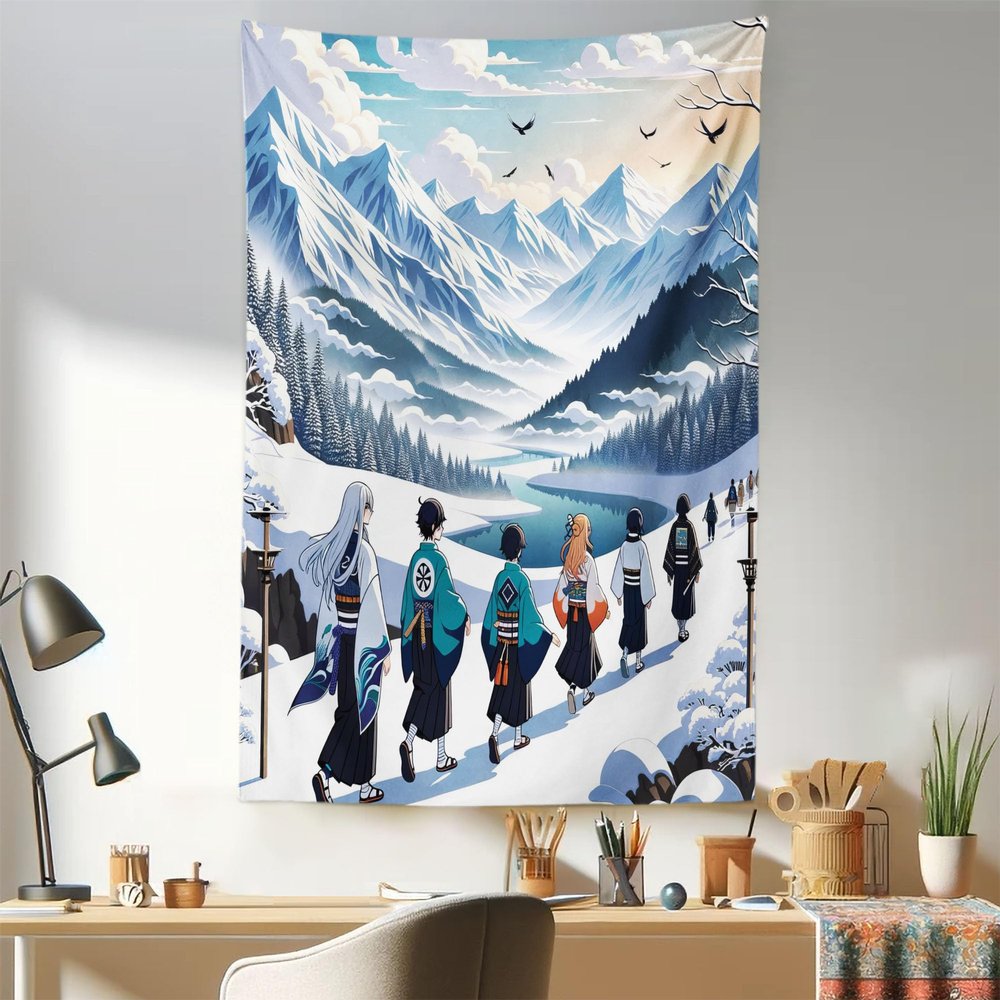 Ambesonne Anime Tapestry, Scene of Characters Walking on a Snowy Patch Through Winter Lake and Mounstains, Fabric Wall Hanging Decor for Bedroom Living Room Dorm, 30" X 45", Blue Teal White