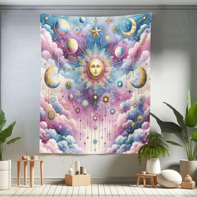 Ambesonne Celestial Tapestry Twin Size, Sun with Face Crescent Moon and Stars with Tie-Dye Tone Clouds Sky, Wall Hanging Bedspread Bed Cover Wall Decor, 68" X 88", Blue Mustard Pale Purple