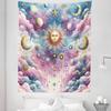 Ambesonne Celestial Tapestry Twin Size, Sun with Face Crescent Moon and Stars with Tie-Dye Tone Clouds Sky, Wall Hanging Bedspread Bed Cover Wall Decor, 68" X 88", Blue Mustard Pale Purple view 2