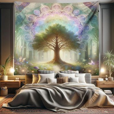 Ambesonne Nature Tapestry King Size, Dreamy Scene Fantasy Woodland Tree with Trippy Mandala and Wings of Spring, Wall Hanging Bedspread Bed Cover Wall Decor, 104" X 88", Green Lilac Sepia