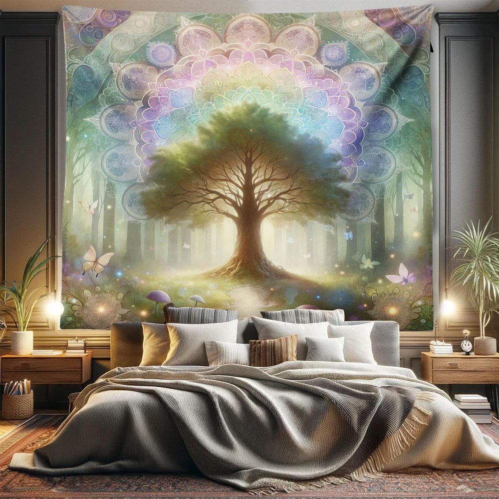 Ambesonne Nature Tapestry King Size, Dreamy Scene Fantasy Woodland Tree with Trippy Mandala and Wings of Spring, Wall Hanging Bedspread Bed Cover Wall Decor, 104" X 88", Green Lilac Sepia