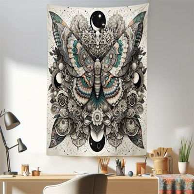 Ambesonne Mandala Tapestry, Medieval Esotery Inspired Oriental Moth with Floral Details Witchcore, Fabric Wall Hanging Decor for Bedroom Living Room Dorm, 30" X 45", Grey Yellow Green Sepia