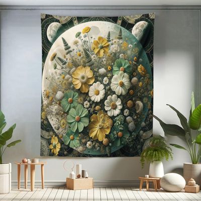 Ambesonne Hippie Tapestry Twin Size, Surreal Scenery of Moon Backdrop Spring Floral Scene Print Modern Gypsy, Wall Hanging Bedspread Bed Cover Wall Decor, 68" X 88", Reseda Green Mustard