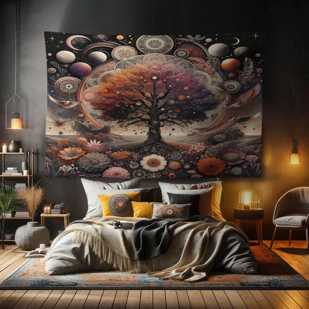 Ambesonne Hippie Tapestry, Mystic Planet Star Huddles and Floral Scene with Tree of Life Dreamy, Fabric Wall Hanging Decor for Bedroom Living Room Dorm, 90" X 60", Dried Rose Grey Pink Dusk