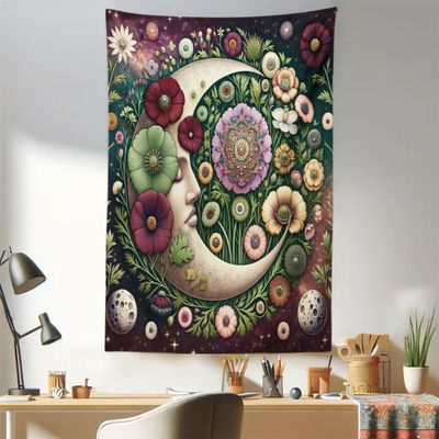 Ambesonne Moon Tapestry, Starry Mandala Details Medieval Luna Character with Fantasy Leaves Boho, Fabric Wall Hanging Decor for Bedroom Living Room Dorm, 30" X 45", Pale Green Maroon Lilac