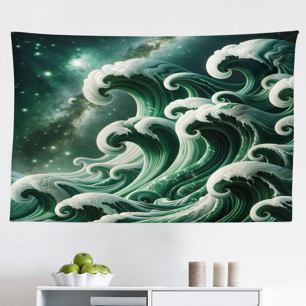 Ambesonne Green Tapestry, Bold Marble Print Ocean Waves with a Realistic Galaxy Space Starry Sky Illustration, Fabric Wall Hanging Decor for Bedroom Living Room Dorm, 45" X 30", Dark Teal