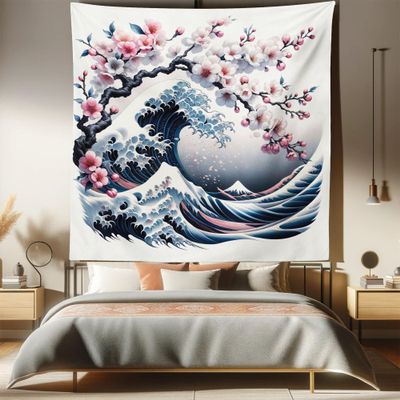 Ambesonne Anime Tapestry Queen Size, Asian Classic Waves and Blossoming Cherry Tree Branches Romantic Harmony, Wall Hanging Bedspread Bed Cover Wall Decor, 88" X 88", Rose and Dark Blue