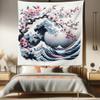 Ambesonne Anime Tapestry Queen Size, Asian Classic Waves and Blossoming Cherry Tree Branches Romantic Harmony, Wall Hanging Bedspread Bed Cover Wall Decor, 88" X 88", Rose and Dark Blue view 1