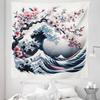 Ambesonne Anime Tapestry Queen Size, Asian Classic Waves and Blossoming Cherry Tree Branches Romantic Harmony, Wall Hanging Bedspread Bed Cover Wall Decor, 88" X 88", Rose and Dark Blue view 2