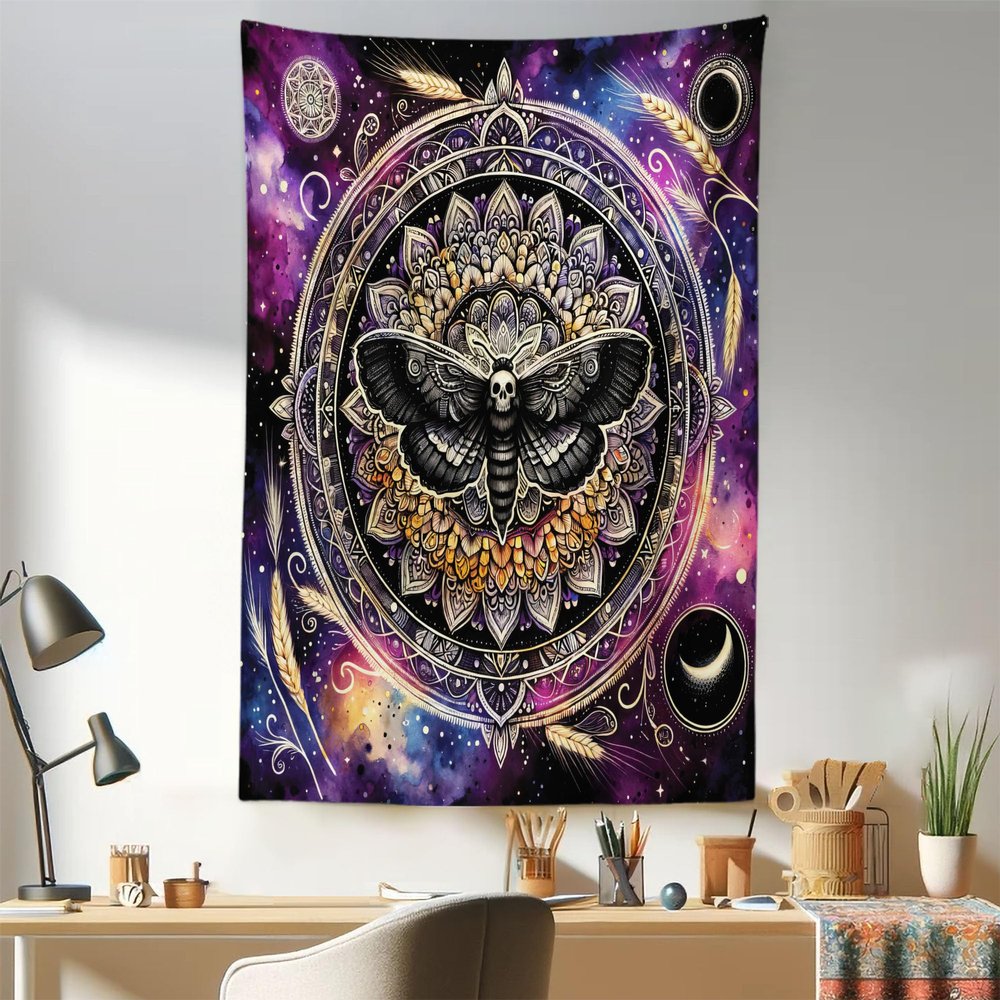 Ambesonne Purple Tapestry, Death Moth with Mandala Motif on Galaxy Universe Outer Space Background, Fabric Wall Hanging Decor for Bedroom Living Room Dorm, 30" X 45", Black Mustard Quartz