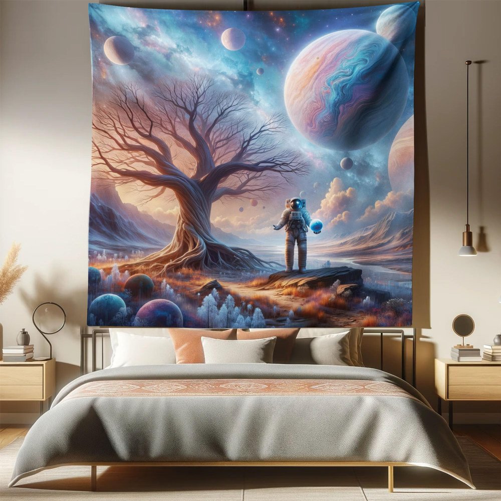 Ambesonne Space Tapestry Queen Size, Lonely Astronaut in a Surreal Planet Pastel Celestial Forms Dried Tree, Wall Hanging Bedspread Bed Cover Wall Decor, 88" X 88", Blue Pale Orange Mauve