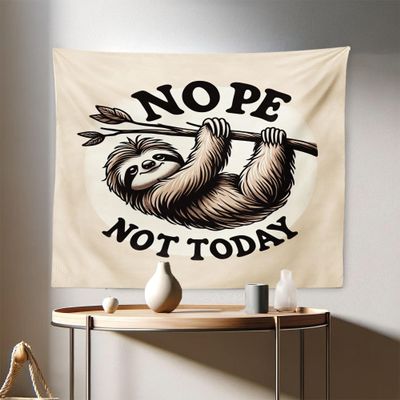 Ambesonne Funny Tapestry, Nope Not Today Saying with a Happy Sloth Hanging Down from a Branch, Fabric Wall Hanging Decor for Bedroom Living Room Dorm, 28" X 23", Eggshell Pale Brown Black