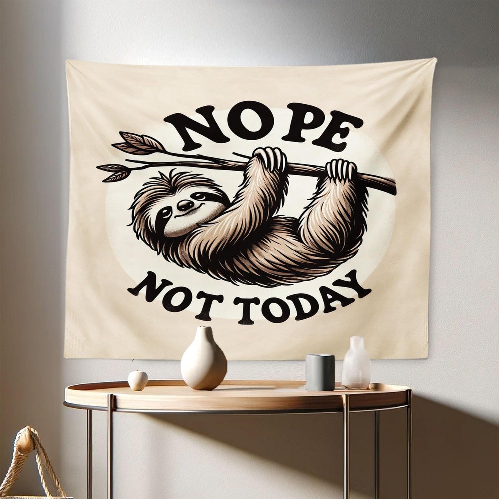 Ambesonne Funny Tapestry, Nope Not Today Saying with a Happy Sloth Hanging Down from a Branch, Fabric Wall Hanging Decor for Bedroom Living Room Dorm, 28" X 23", Eggshell Pale Brown Black