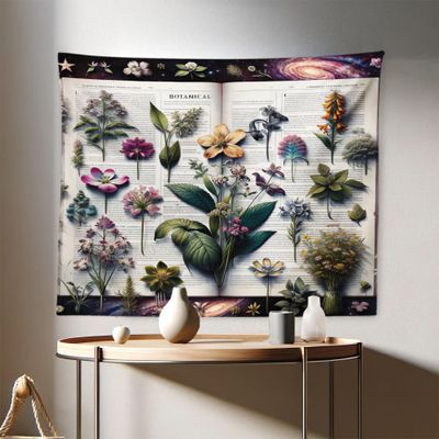 Ambesonne Botanic Tapestry, Wildflowers on an Open Vintage Book with Galactic Milky Way Swirls, Fabric Wall Hanging Decor for Bedroom Living Room Dorm, 28" X 23", Forest Green and Multicolor