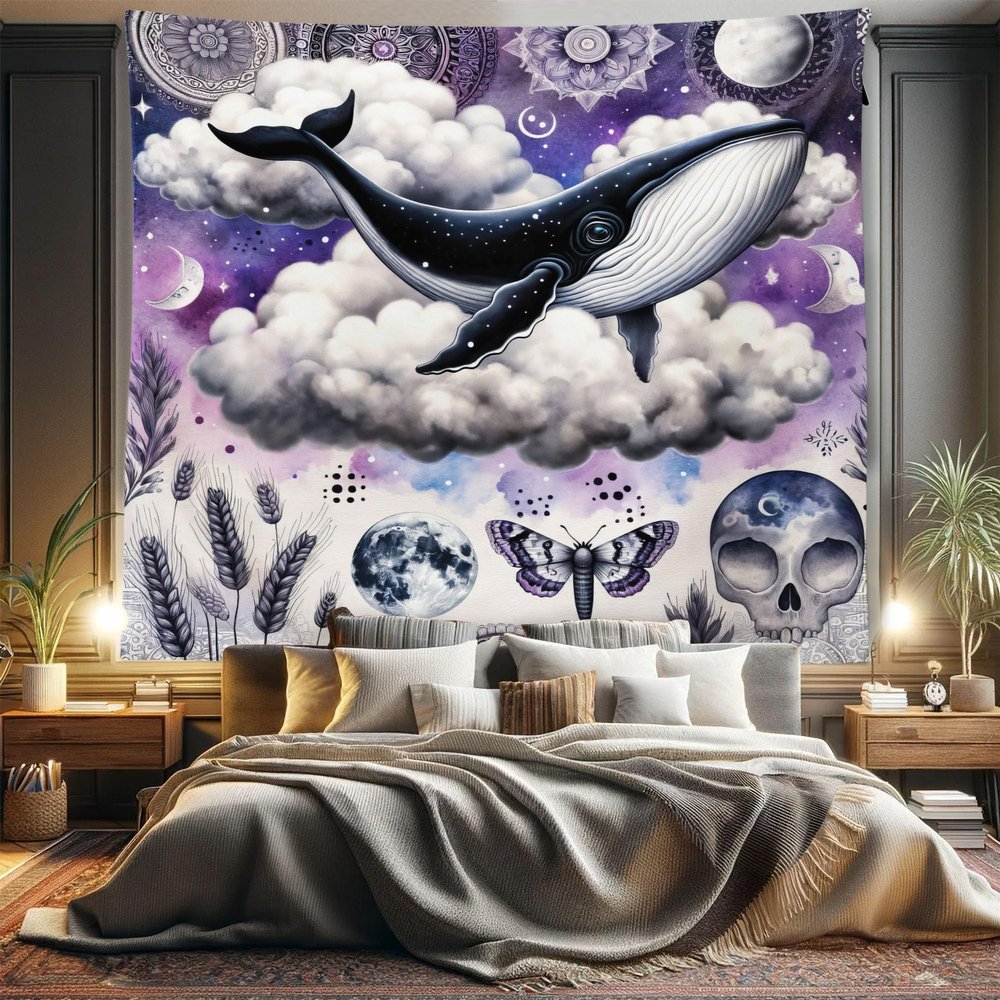 Ambesonne Purple Tapestry King Size, Whale on Clouds with Mystic Look Mandala Motifs Skull Moon and Moth Art, Wall Hanging Bedspread Bed Cover Wall Decor, 104" X 88", Lavender Dark Indigo