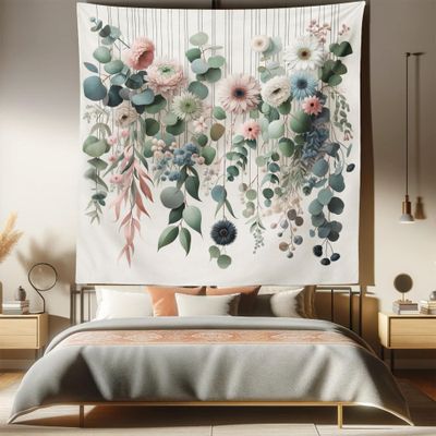 Ambesonne Flower Tapestry Queen Size, Modern Lines Leafy Eucalyptus Pattern with Tender Sunflower and Peony, Wall Hanging Bedspread Bed Cover Wall Decor, 88" X 88", Grey Teal Laurel Green