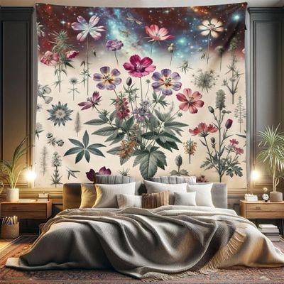 Ambesonne Botanic Tapestry King Size, Retro Style Meadow Wild Flowers Galactic Nebula Sky Nature Concept Print, Wall Hanging Bedspread Bed Cover Wall Decor, 104" X 88", Cream Laurel Green