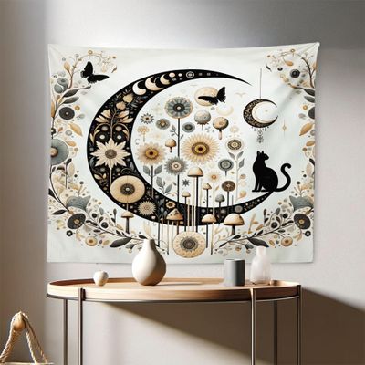 Ambesonne Hippie Tapestry, Modern Scandi Crescent with Boho Floral and Leaves Greenery Black Cat, Fabric Wall Hanging Decor for Bedroom Living Room Dorm, 28" X 23", Grey Yellow Charcoal Grey