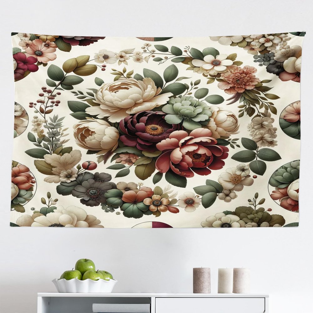 Ambesonne Flower Tapestry, Contemporary Leaves of Modern Wreath Huddle with Floral Boho Nature Feel, Fabric Wall Hanging Decor for Bedroom Living Room Dorm, 45" X 30", Pale Green Ruby Khaki