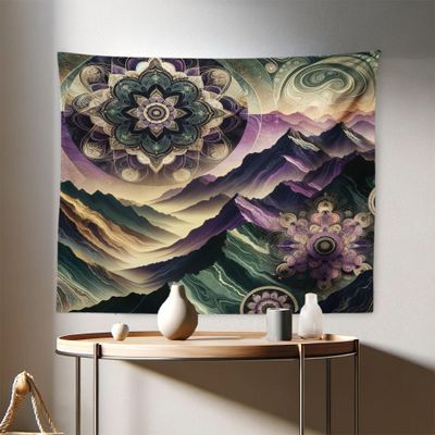 Ambesonne Boho Tapestry, Dreamy Tones Wilderness Scenery with Mountains and Blooming Trippy Floral, Fabric Wall Hanging Decor for Bedroom Living Room Dorm, 28" X 23", Pale Lilac Reseda Green