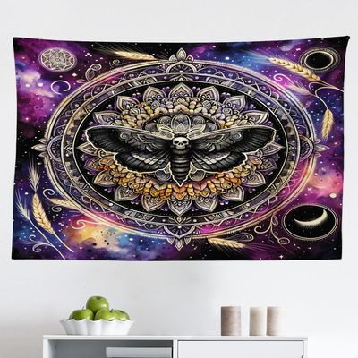 Ambesonne Purple Tapestry, Death Moth with Mandala Motif on Galaxy Universe Outer Space Background, Fabric Wall Hanging Decor for Bedroom Living Room Dorm, 45" X 30", Black Mustard Quartz