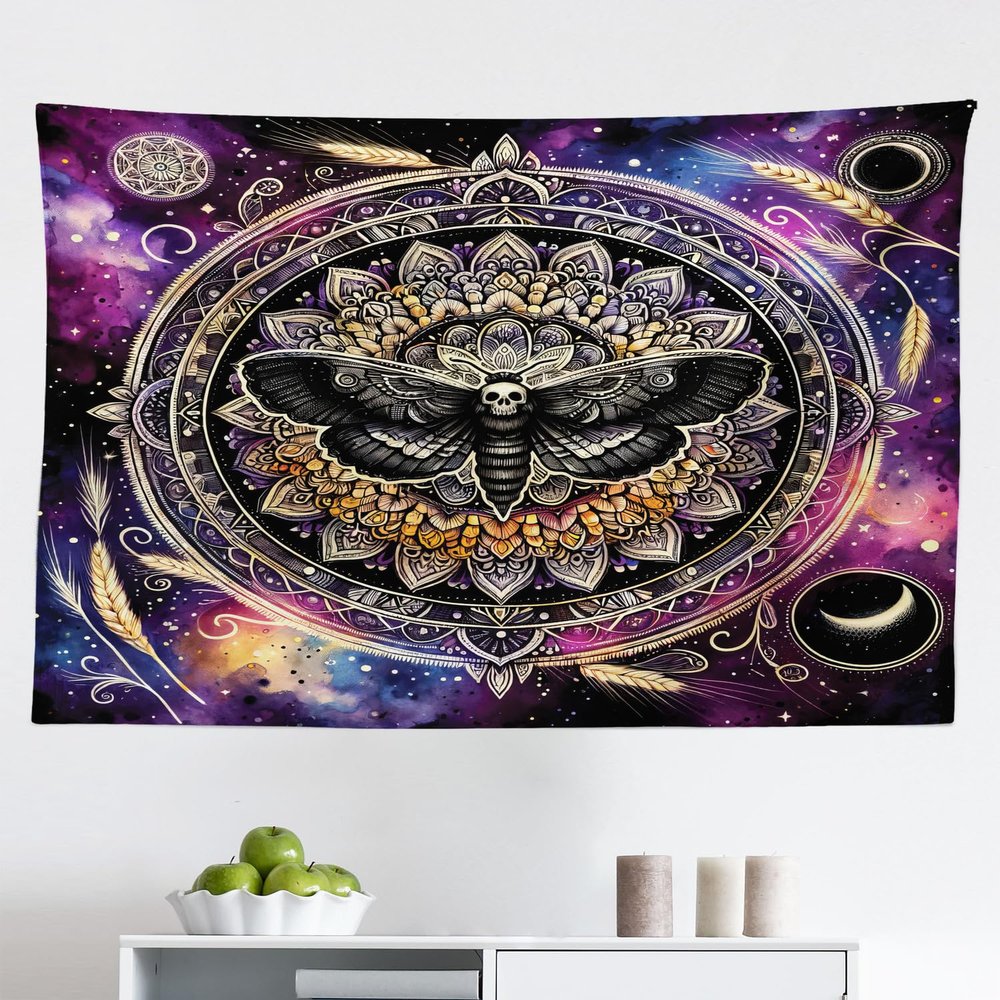 Ambesonne Purple Tapestry, Death Moth with Mandala Motif on Galaxy Universe Outer Space Background, Fabric Wall Hanging Decor for Bedroom Living Room Dorm, 45" X 30", Black Mustard Quartz