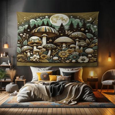 Ambesonne Aesthetic Tapestry, Psychedelic Woodland with Mushroom Flowers and Moon in Earthy Colors, Fabric Wall Hanging Decor for Bedroom Living Room Dorm, 90" X 60", Almond Green Caramel