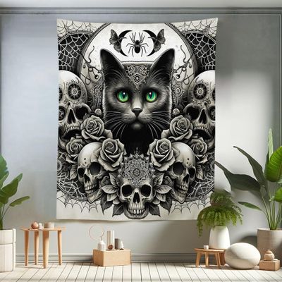 Ambesonne Gothic Tapestry King Size, Classic Spooky Rose Ornated Skulls and Black Cat with Spider Print, Wall Hanging Bedspread Bed Cover Wall Decor, 68" X 88", Dark Grey Green and Eggshell
