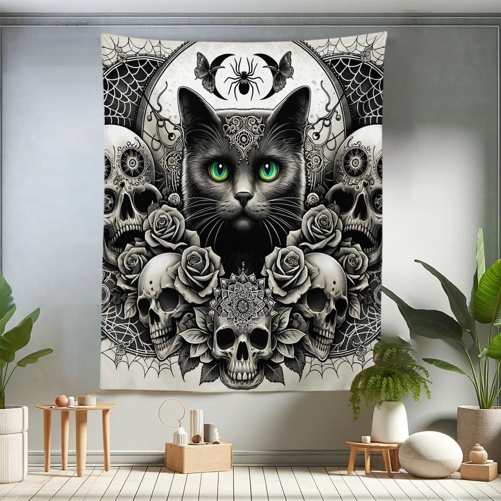 Ambesonne Gothic Tapestry King Size, Classic Spooky Rose Ornated Skulls and Black Cat with Spider Print, Wall Hanging Bedspread Bed Cover Wall Decor, 68" X 88", Dark Grey Green and Eggshell