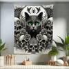 Ambesonne Gothic Tapestry King Size, Classic Spooky Rose Ornated Skulls and Black Cat with Spider Print, Wall Hanging Bedspread Bed Cover Wall Decor, 68" X 88", Dark Grey Green and Eggshell view 1