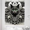 Ambesonne Gothic Tapestry King Size, Classic Spooky Rose Ornated Skulls and Black Cat with Spider Print, Wall Hanging Bedspread Bed Cover Wall Decor, 68" X 88", Dark Grey Green and Eggshell view 2