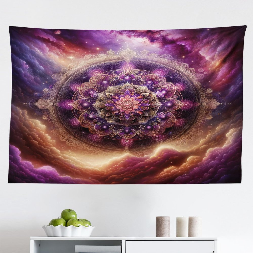 Ambesonne Purple Tapestry, Symmetric Universe Folk Ethnic Art Design Mandala with Galaxy Space Clouds, Fabric Wall Hanging Decor for Bedroom Living Room Dorm, 45" X 30", Fuchsia and Amber