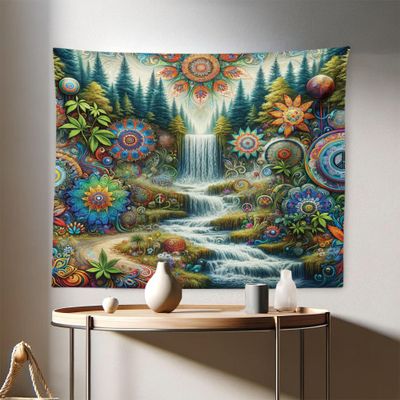 Ambesonne Trippy Tapestry, Scenic Waterfall with Wonderland Woods and Psychedelic Mandala Flowers, Fabric Wall Hanging Decor for Bedroom Living Room Dorm, 28" X 23", Olive Green Multicolor