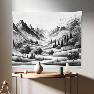 Ambesonne Mountain Tapestry, Monochrome Art Scenic Mounts with Wooded Lands Featuring Eastern Mandala, Fabric Wall Hanging Decor for Bedroom Living Room Dorm, 28" X 23", Pale Grey Dark Taupe