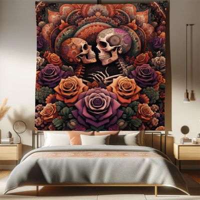 Ambesonne Hippie Tapestry Queen Size, Mystic Rose Flowers and Oriental Mandala Skeleton Lovers Goth Art Skulls, Wall Hanging Bedspread Bed Cover Wall Decor, 88" X 88", Vermilion Dark Magenta