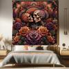 Ambesonne Hippie Tapestry Queen Size, Mystic Rose Flowers and Oriental Mandala Skeleton Lovers Goth Art Skulls, Wall Hanging Bedspread Bed Cover Wall Decor, 88" X 88", Vermilion Dark Magenta view 1