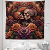 Ambesonne Hippie Tapestry Queen Size, Mystic Rose Flowers and Oriental Mandala Skeleton Lovers Goth Art Skulls, Wall Hanging Bedspread Bed Cover Wall Decor, 88" X 88", Vermilion Dark Magenta view 2