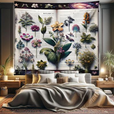 Ambesonne Botanic Tapestry King Size, Wildflowers on an Open Vintage Book with Galactic Milky Way Swirls, Wall Hanging Bedspread Bed Cover Wall Decor, 104" X 88", Forest Green and Multicolor