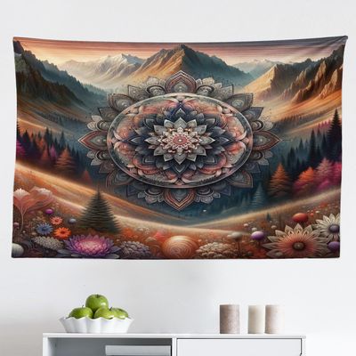 Ambesonne Hippie Tapestry, Modern Scandi Blooming Trippy Flower with Mountain Landscape Woodland, Fabric Wall Hanging Decor for Bedroom Living Room Dorm, 45" X 30", Pale Vermilion Cadet Blue