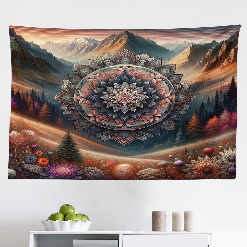 Ambesonne Hippie Tapestry, Modern Scandi Blooming Trippy Flower with Mountain Landscape Woodland, Fabric Wall Hanging Decor for Bedroom Living Room Dorm, 45" X 30", Pale Vermilion Cadet Blue