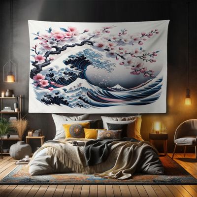 Ambesonne Anime Tapestry, Asian Classic Waves and Blossoming Cherry Tree Branches Romantic Harmony, Fabric Wall Hanging Decor for Bedroom Living Room Dorm, 90" X 60", Rose and Dark Blue