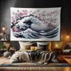 Ambesonne Anime Tapestry, Asian Classic Waves and Blossoming Cherry Tree Branches Romantic Harmony, Fabric Wall Hanging Decor for Bedroom Living Room Dorm, 90" X 60", Rose and Dark Blue view 1