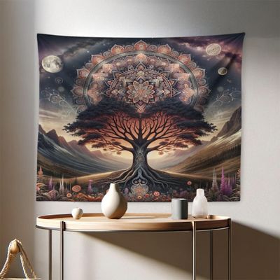 Ambesonne Hippie Tapestry, Scandi Myth Tree of Life and Trippy Floral Motif with Space Landscape, Fabric Wall Hanging Decor for Bedroom Living Room Dorm, 28" X 23", Dark Slate Blue Indigo