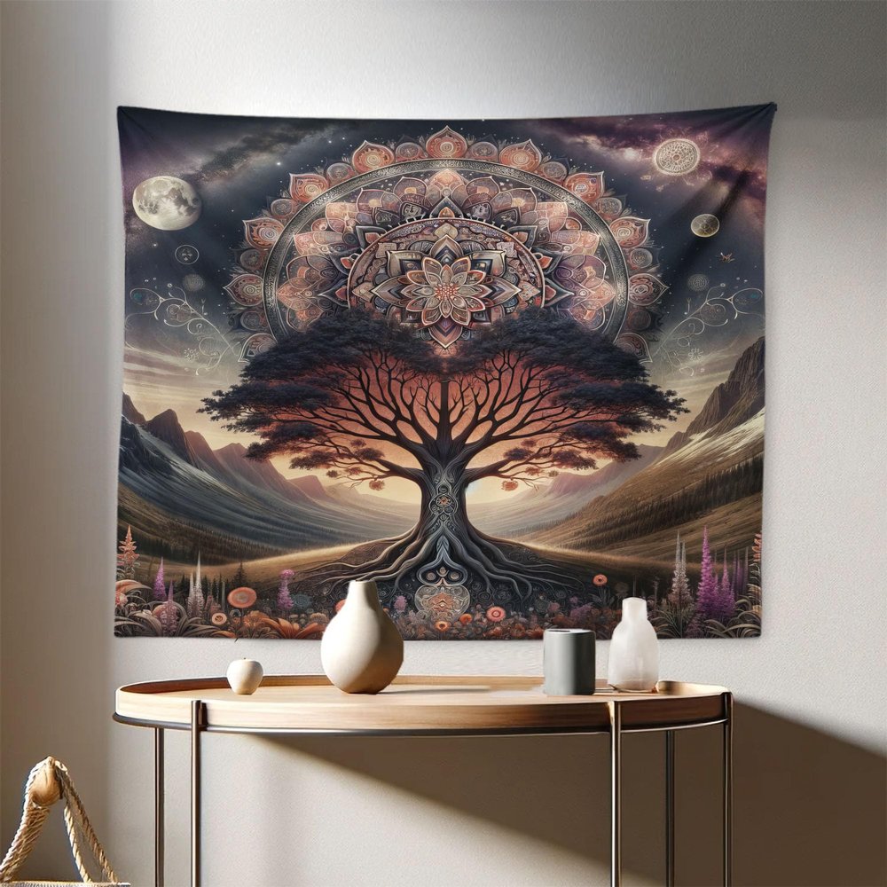 Ambesonne Hippie Tapestry, Scandi Myth Tree of Life and Trippy Floral Motif with Space Landscape, Fabric Wall Hanging Decor for Bedroom Living Room Dorm, 28" X 23", Dark Slate Blue Indigo