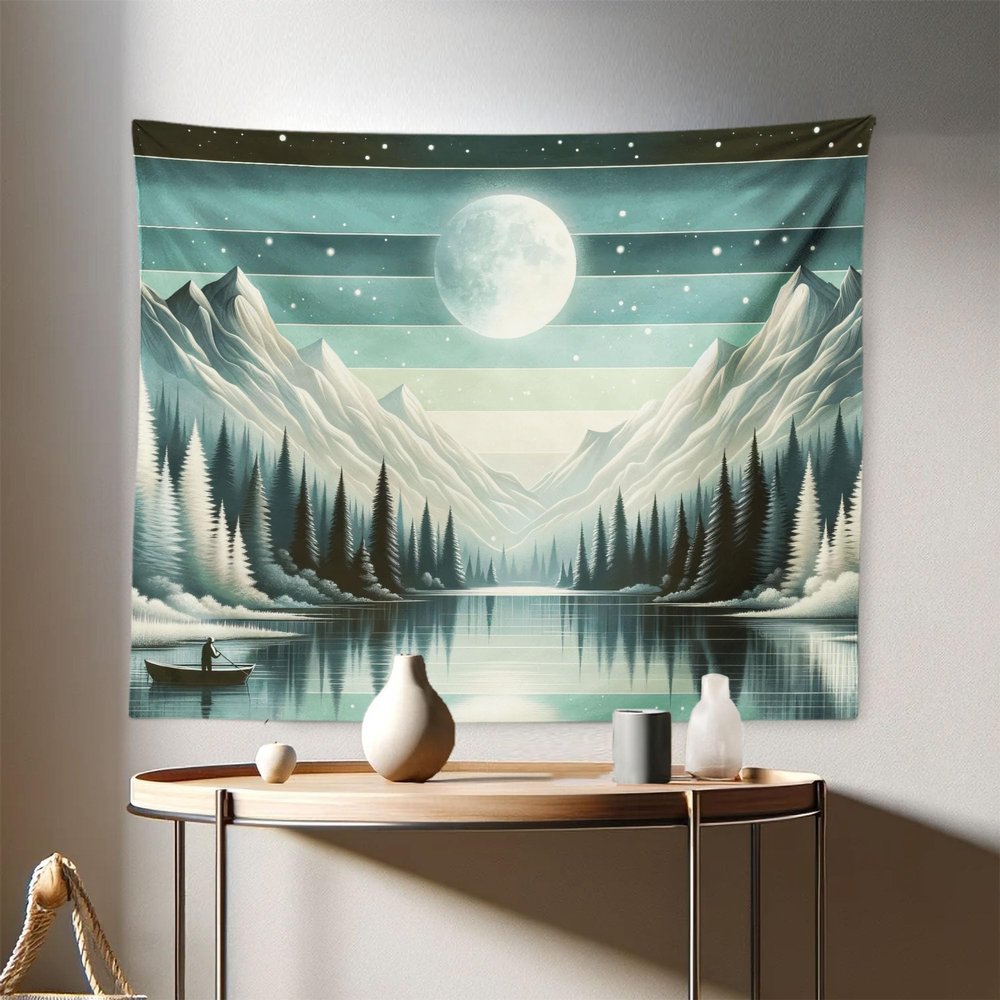Ambesonne Mountain Tapestry, Pastel Minty Nature Lake Trees Peaks and Moon Wilderness of the Night, Fabric Wall Hanging Decor for Bedroom Living Room Dorm, 28" X 23", Seafoam Laurel Green