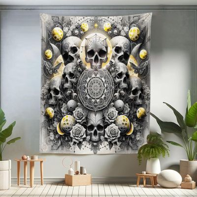 Ambesonne Gothic Tapestry King Size, Lace Bohemian Night American Traditional Roses and Skull Huddle with Moon, Wall Hanging Bedspread Bed Cover Wall Decor, 68" X 88", Mustard Charcoal Grey